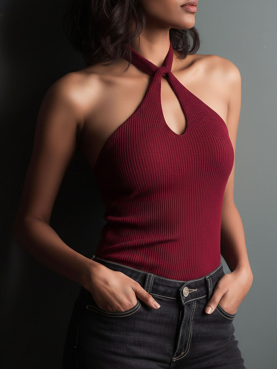 Retro Key Hole Burgundy Ribbed Knit Halter Top