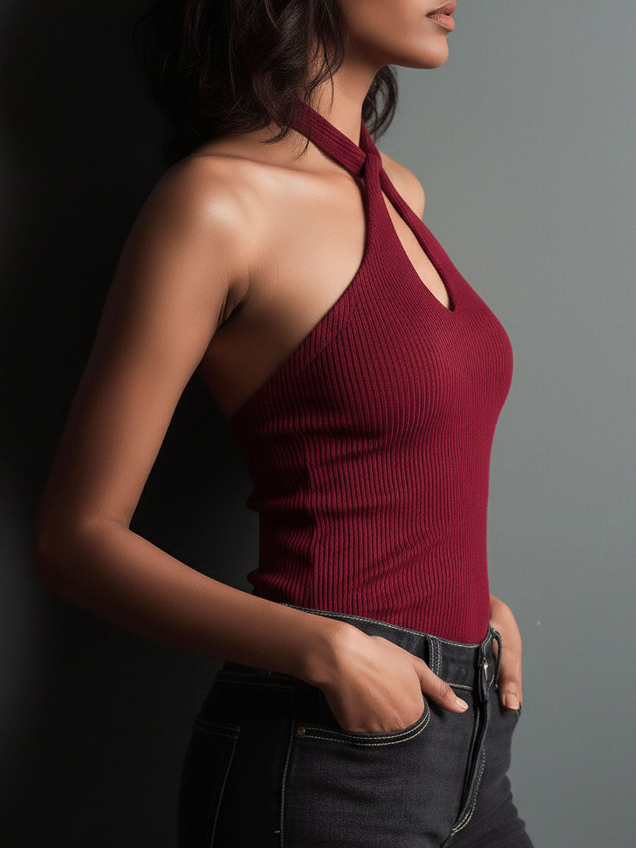 Retro Key Hole Burgundy Ribbed Knit Halter Top