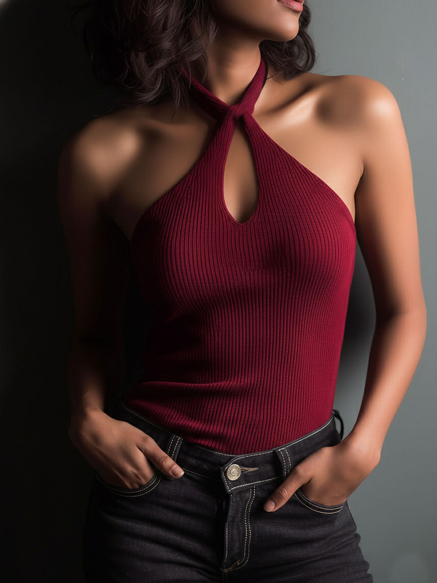 Retro Key Hole Burgundy Ribbed Knit Halter Top