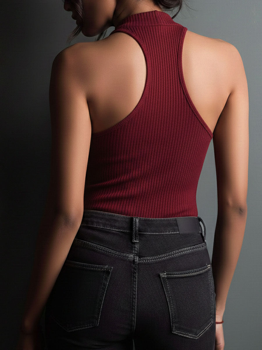 Retro Key Hole Burgundy Ribbed Knit Halter Top