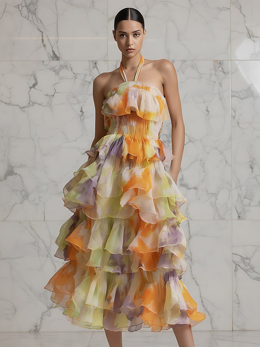 Halter Neck Tiered Ruffle Midi Dress