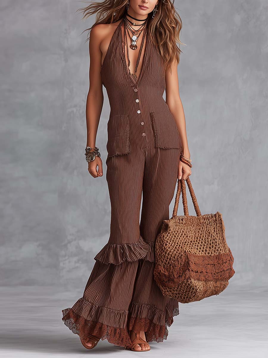 Boho Vintage Cotton Striped Ruffle Leg Halter Jumpsuit