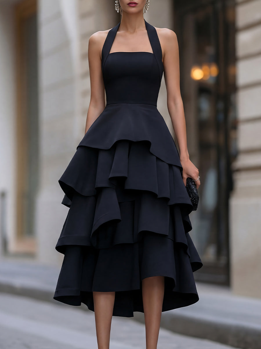 Halter-Neck Tiered Ruffle Midi Dress