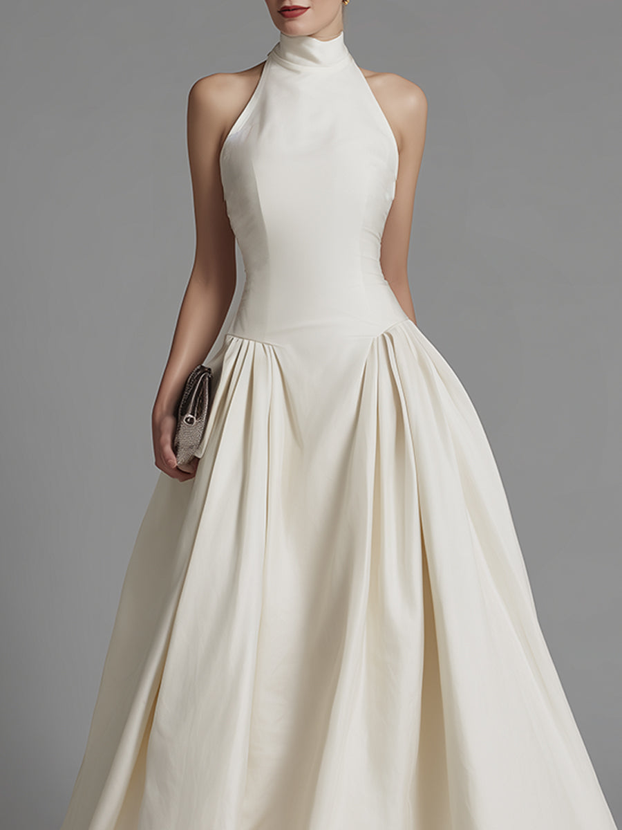 Halter Neck Fit-and-Flare Maxi Dress With Structured Pleated Skirt
