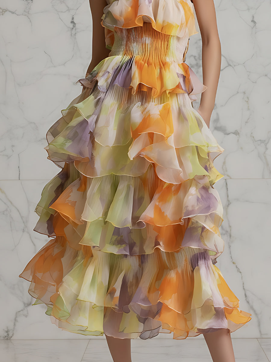Halter Neck Tiered Ruffle Midi Dress