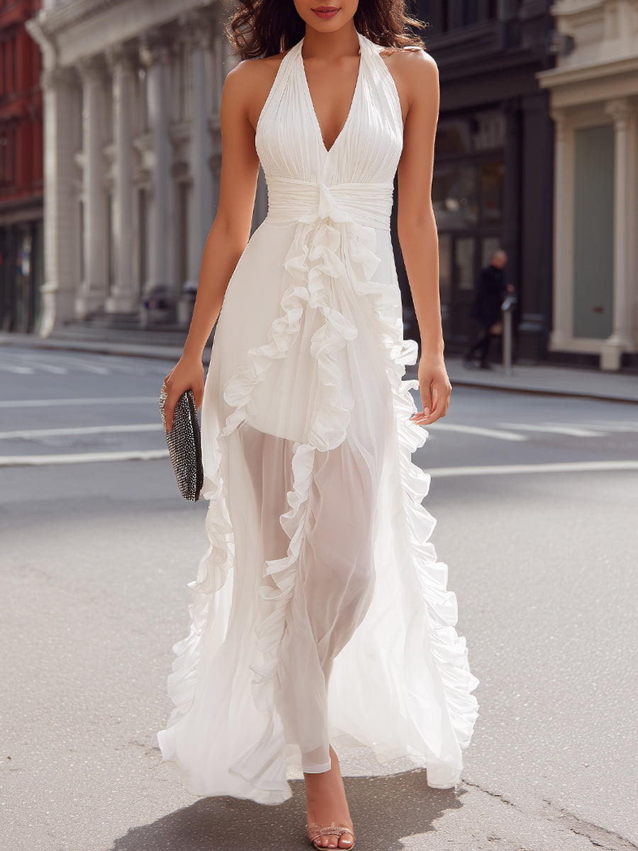 Halter Neck Ruffle Detail Maxi Dress