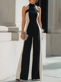 Halter Neck Contrast Panel Wide-Leg Jumpsuit