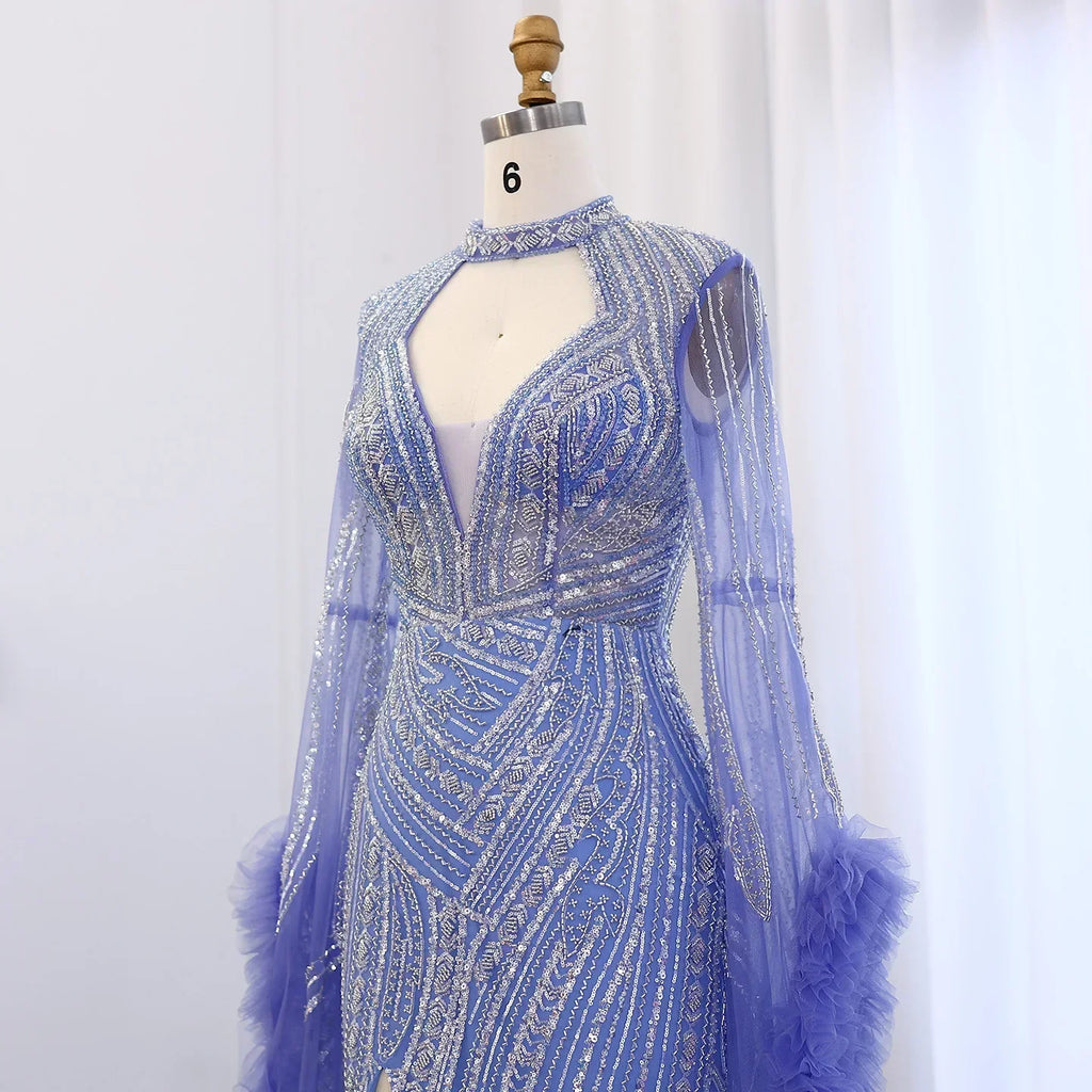 Halter Neck Mermaid Evening Dress with Cape Sleeves