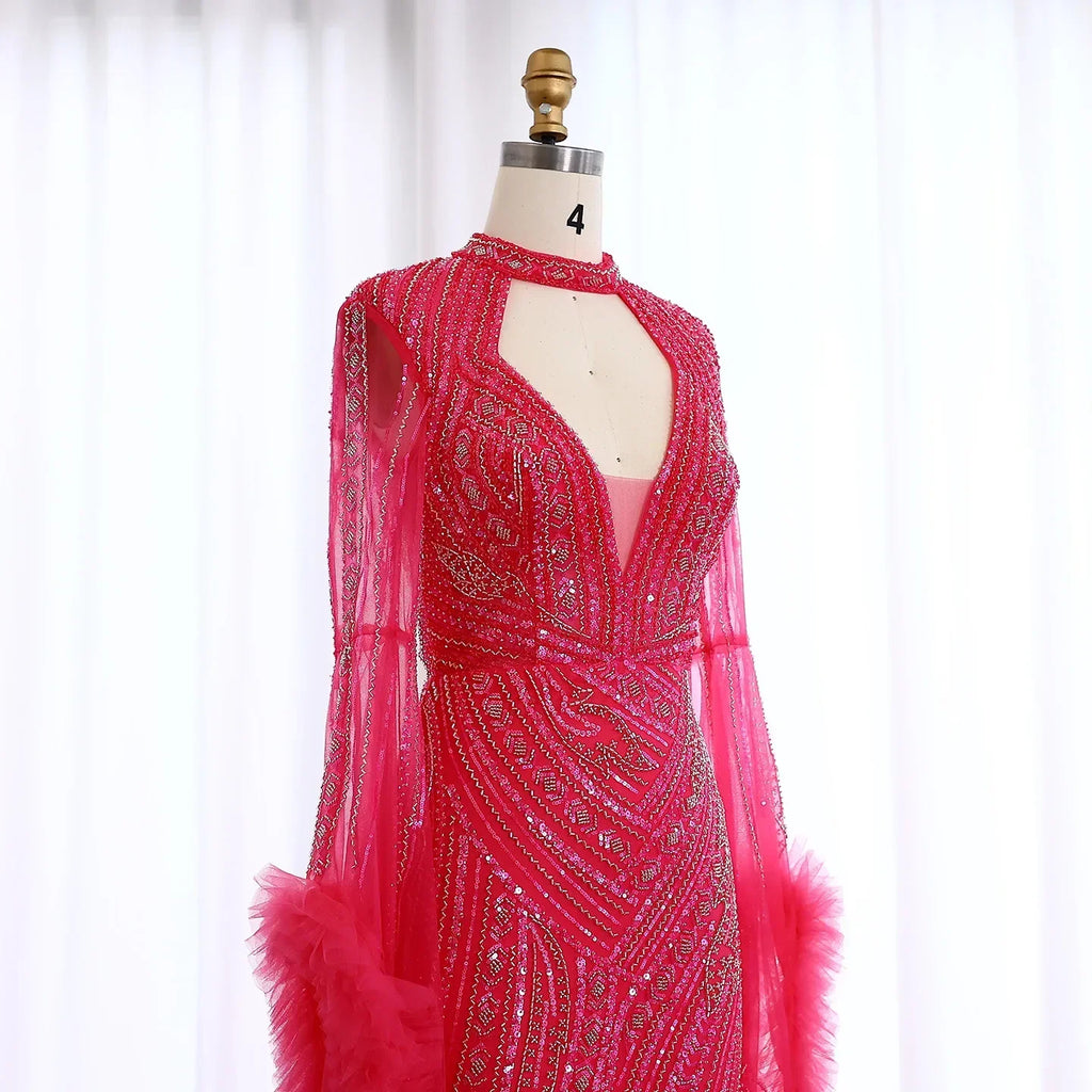 Halter Neck Mermaid Evening Dress with Cape Sleeves