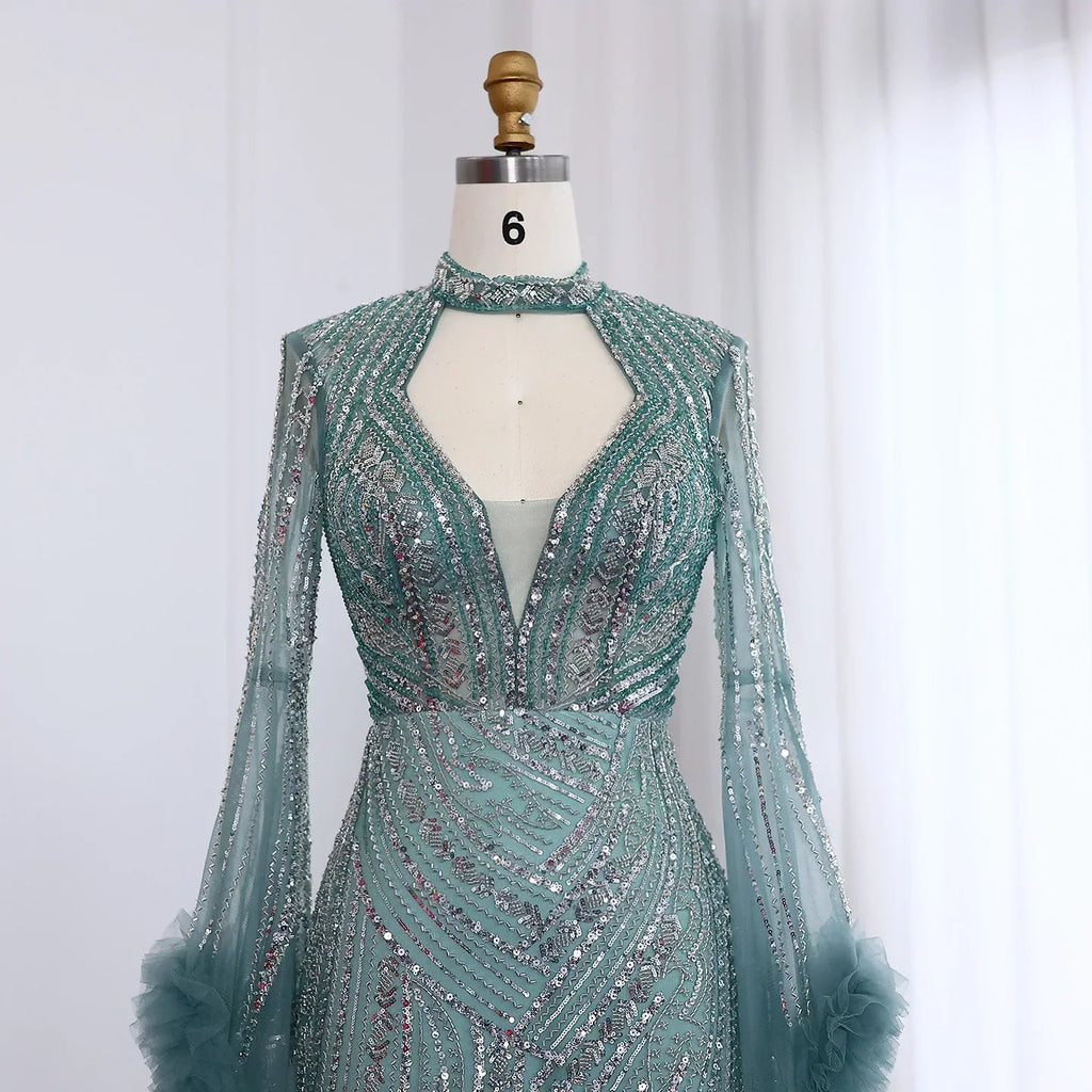 Halter Neck Mermaid Evening Dress with Cape Sleeves