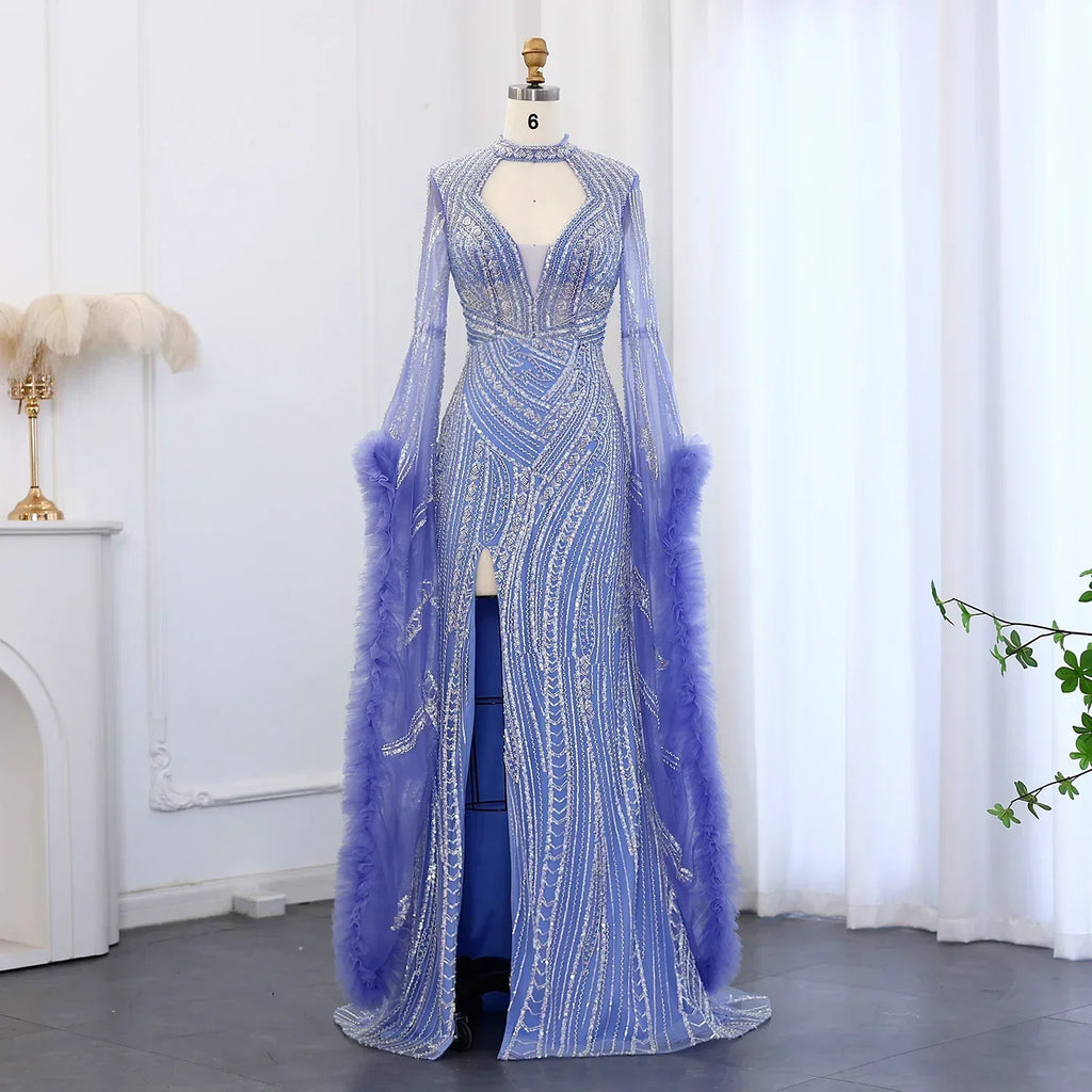 Halter Neck Mermaid Evening Dress with Cape Sleeves