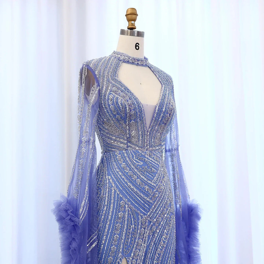 Halter Neck Mermaid Evening Dress with Cape Sleeves