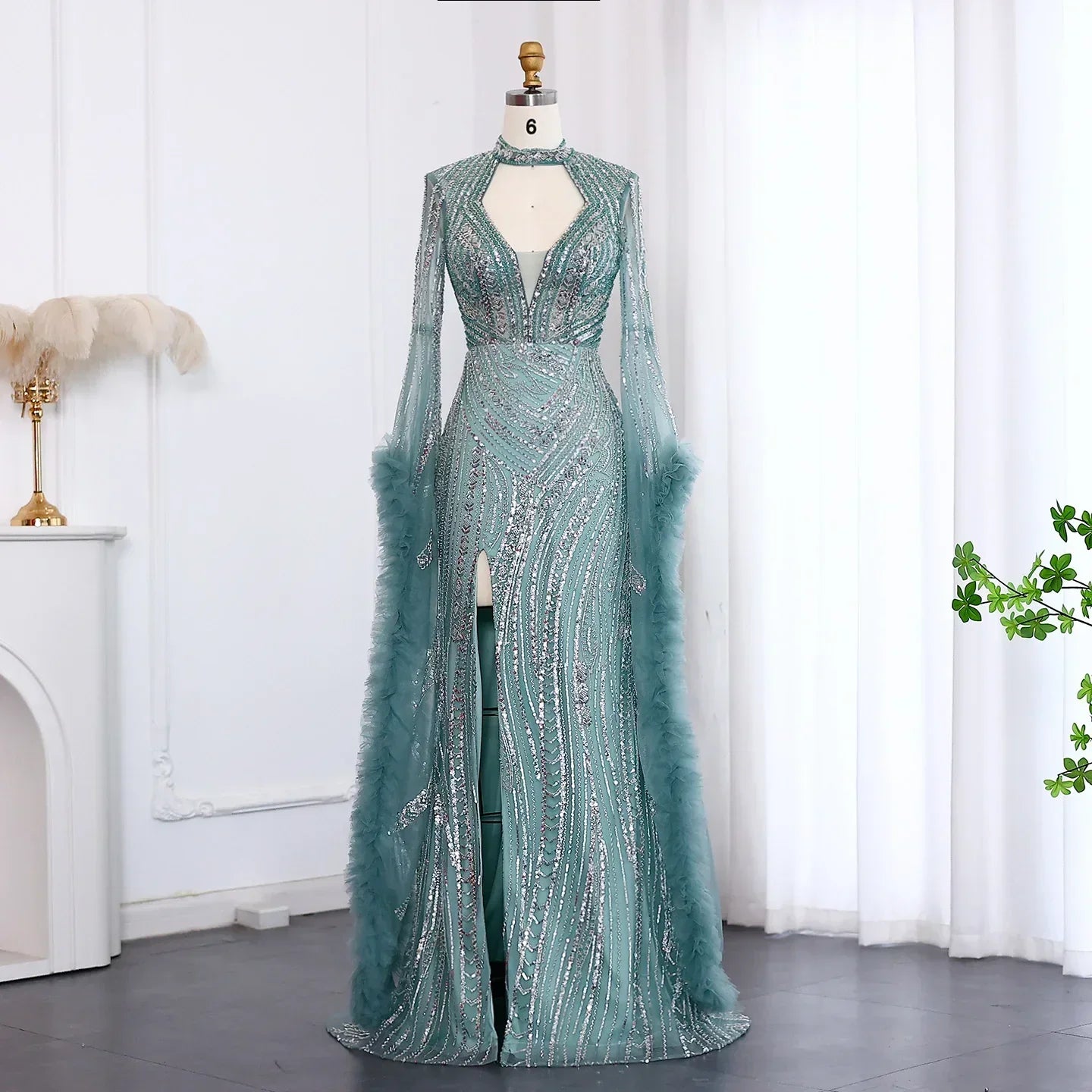 Halter Neck Mermaid Evening Dress with Cape Sleeves