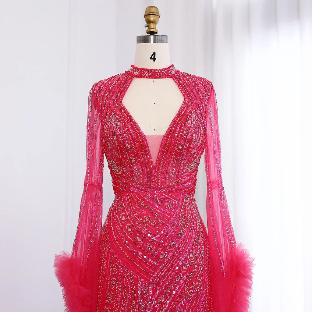 Halter Neck Mermaid Evening Dress with Cape Sleeves