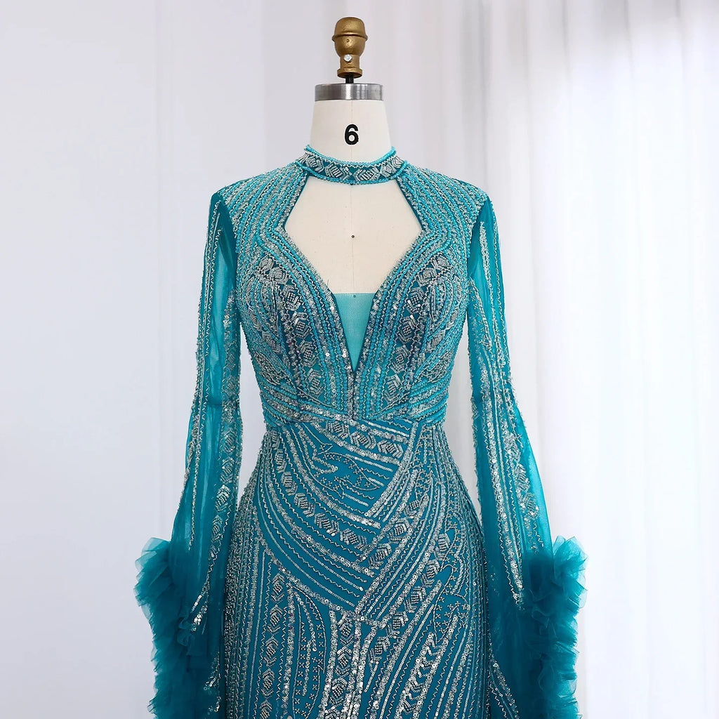 Halter Neck Mermaid Evening Dress with Cape Sleeves