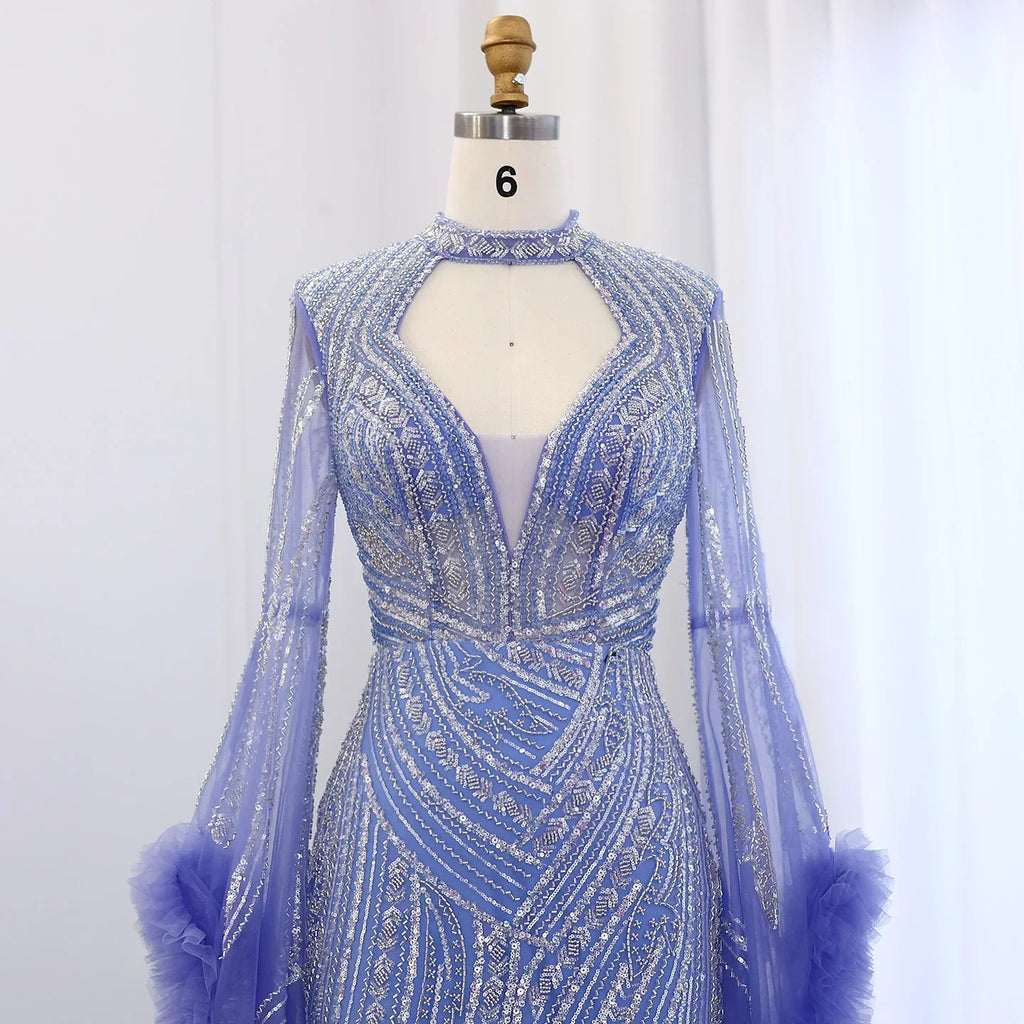 Halter Neck Mermaid Evening Dress with Cape Sleeves