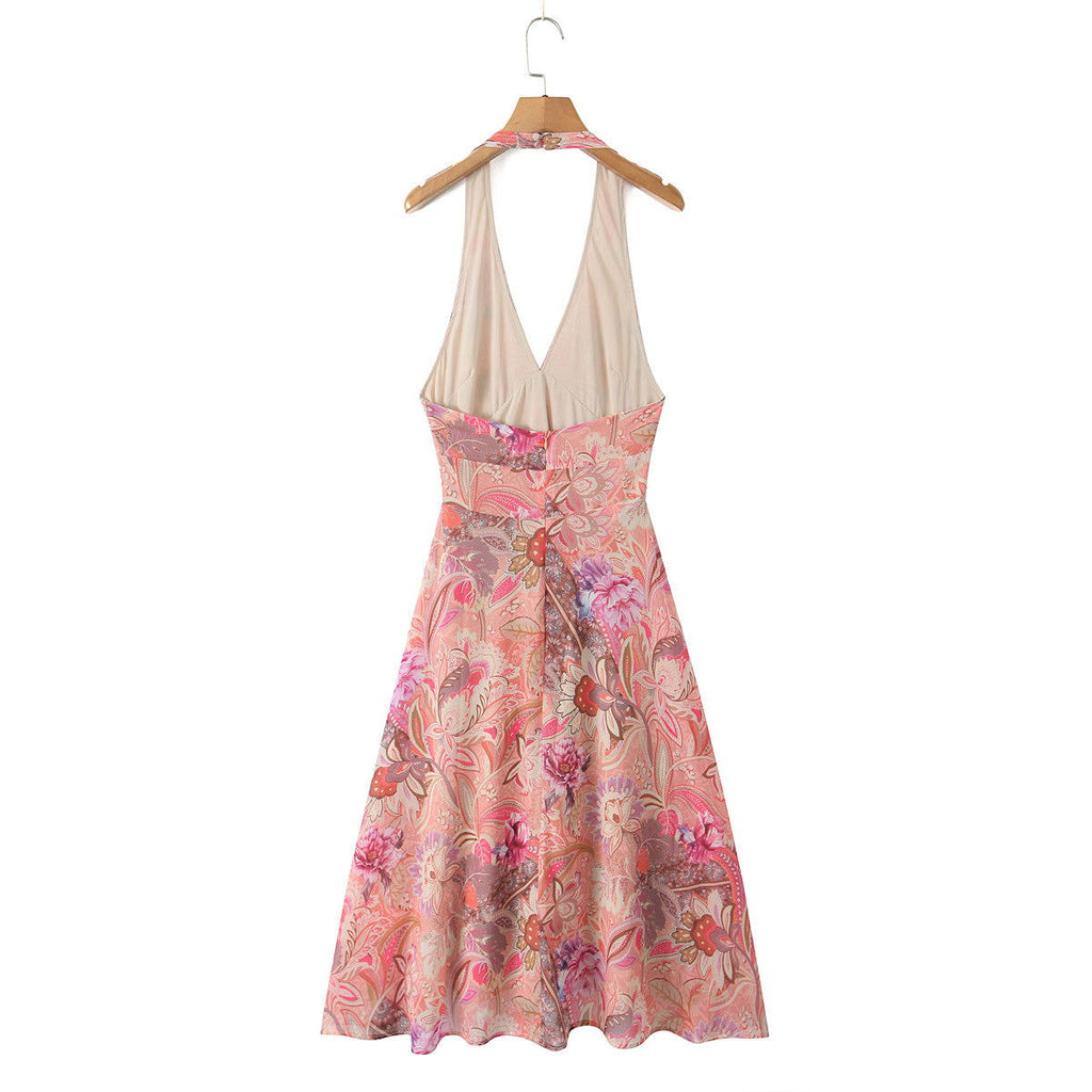 Casual Waist Controlled Slim Fit Slimming Paisley Halter Backless Dress