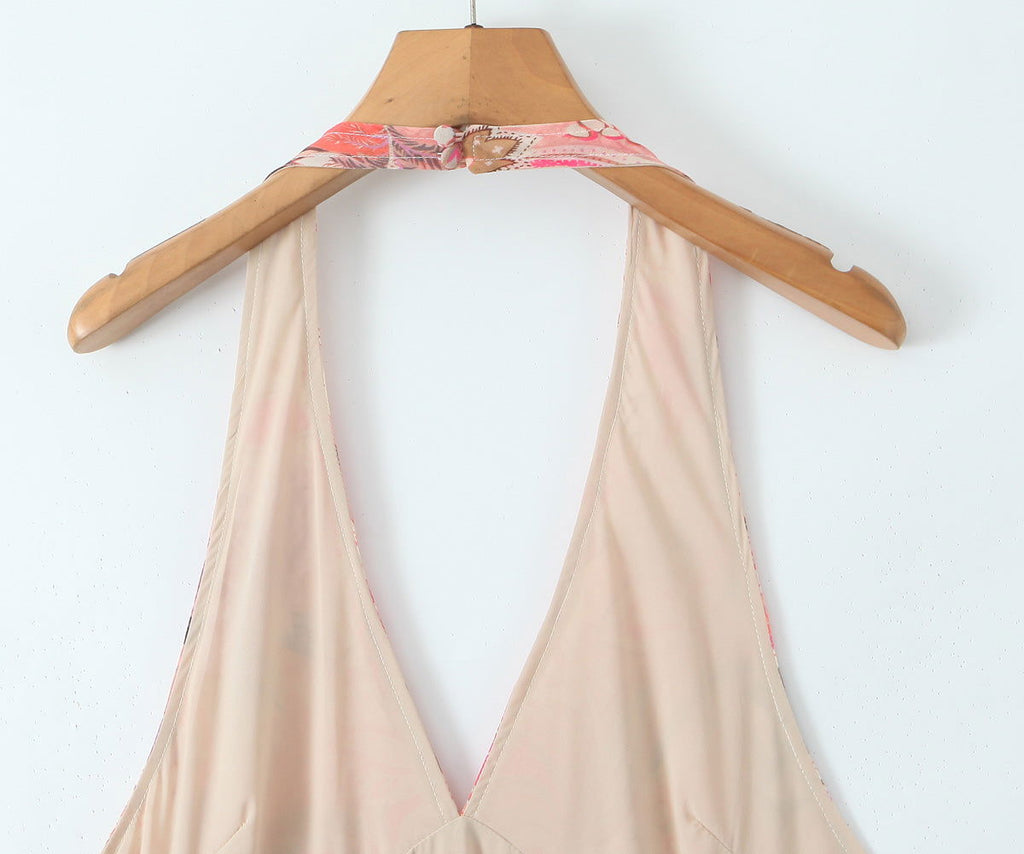 Casual Waist Controlled Slim Fit Slimming Paisley Halter Backless Dress