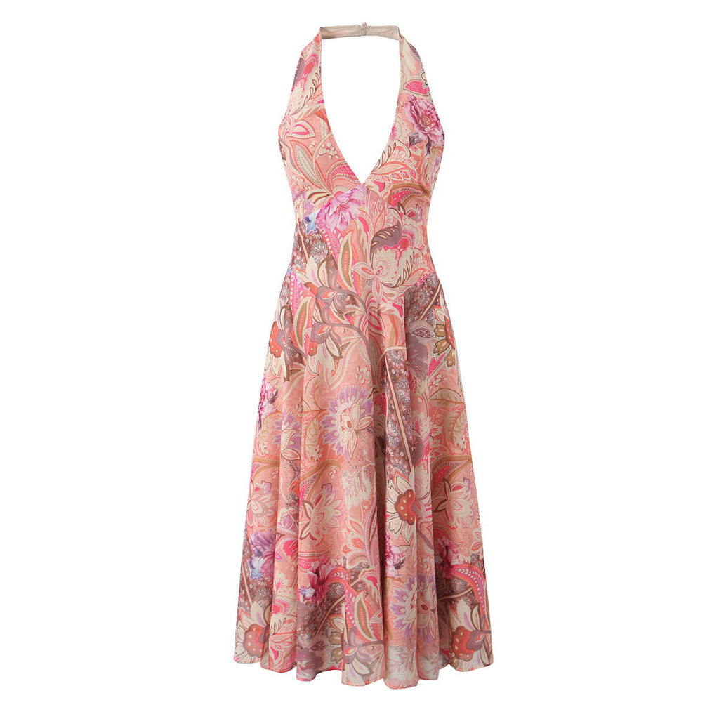 Casual Waist Controlled Slim Fit Slimming Paisley Halter Backless Dress