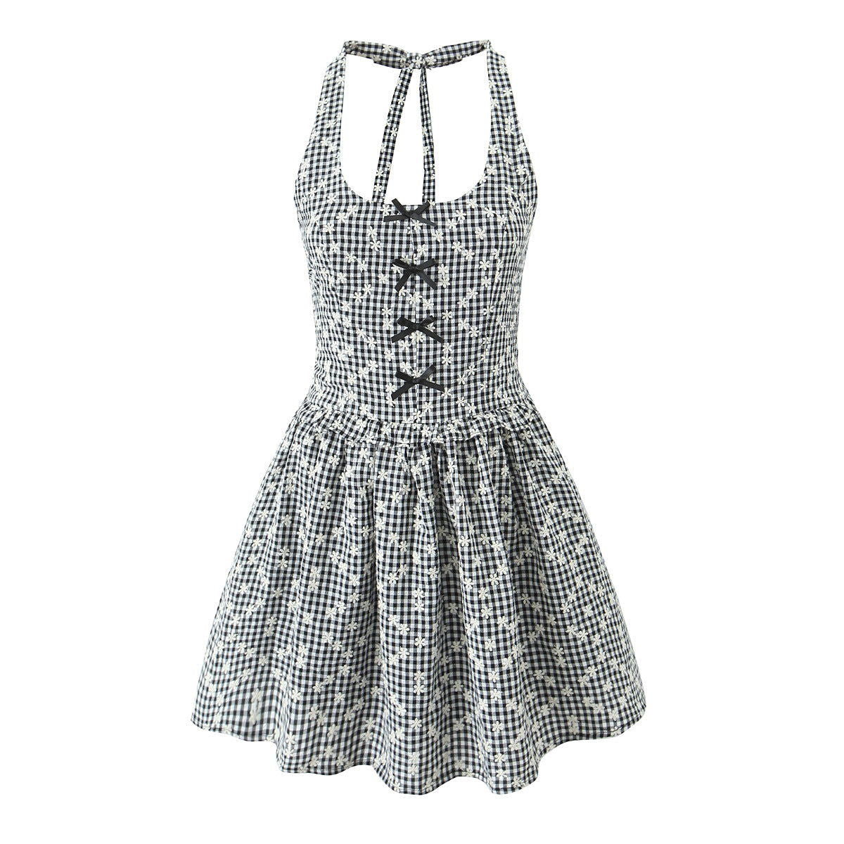 Slim Full Body Embroidered Bow Halter Backless Dress Short
