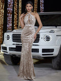Velvet Halter Sheath Hollow Out Cutout Cocktail Catwalk Evening Dress