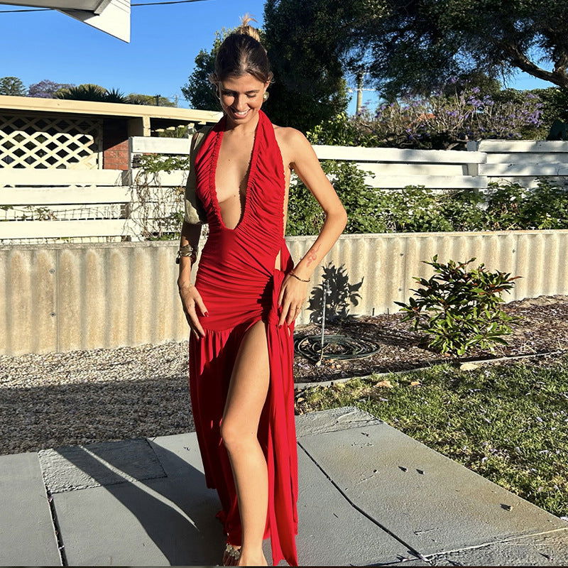 Elegant Halter Backless Deep V Plunge neck Pleated High Slit Dress