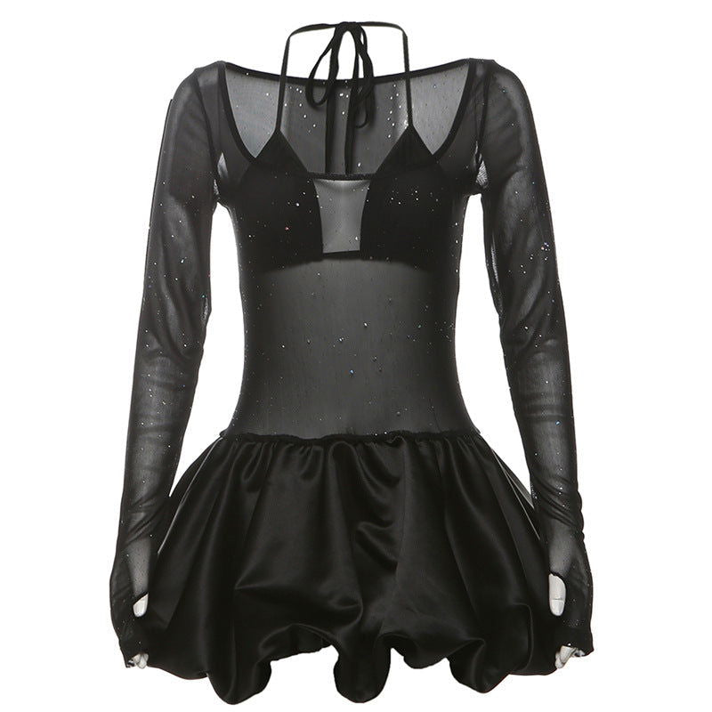 Halter Sling Basic Mesh See through Sequ Dress Two Piece Sets