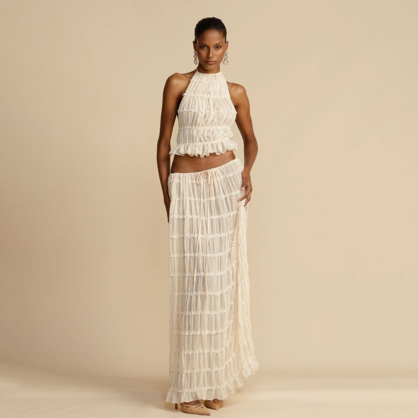 Backless Lace up Halterneck Sling Top Suit Wooden Ear Pleated Dress Two Piece Set