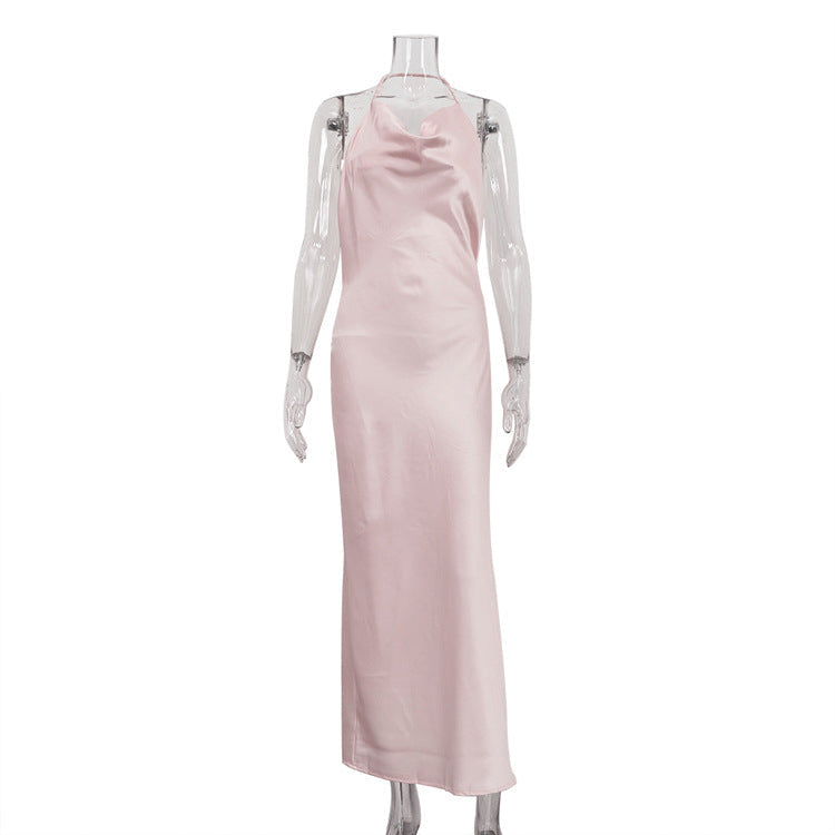 Matte Satin Elegant Cocktail Evening Maxi Dress Halter Spaghetti Straps Dress