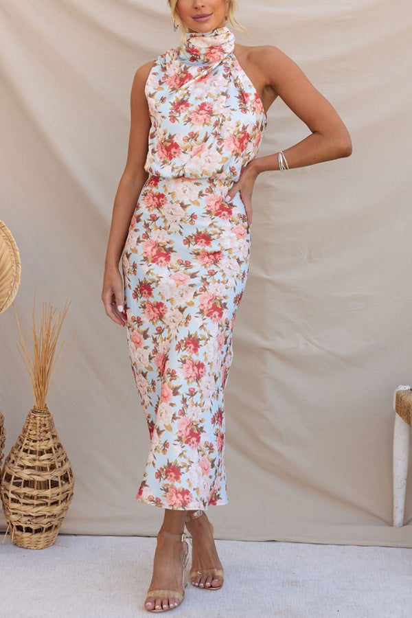 Mature Elegant Sleeveless Halter Printed Satin Dress