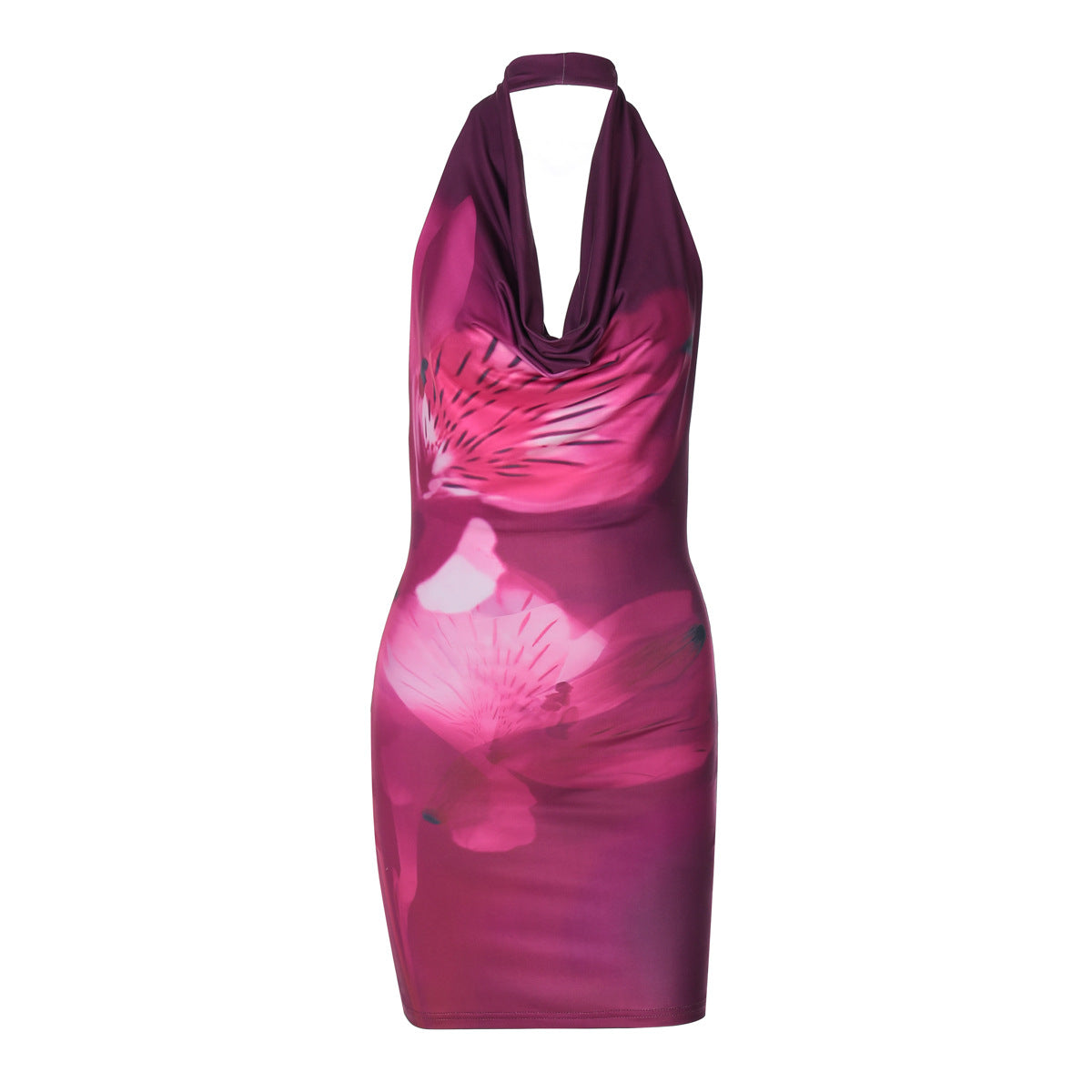 Backless Printed Hip Halter Swing Collar High Waist Slim Fit Dress