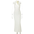 V neck Halter Maxi Dress Backless Slim Fit Solid Color