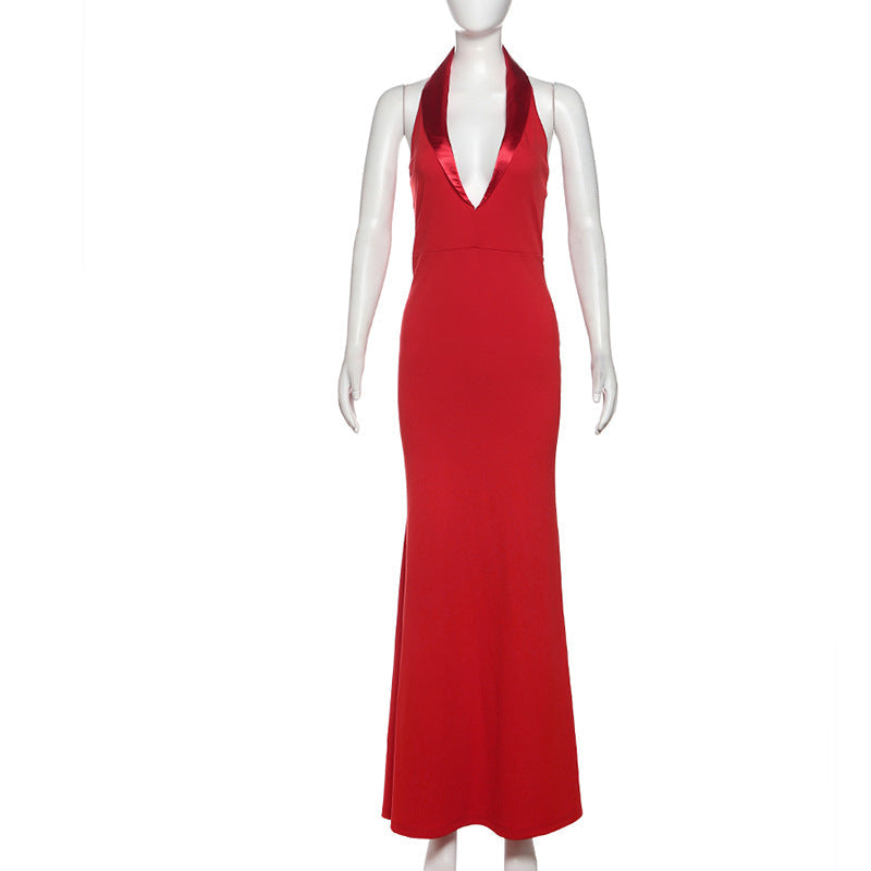 Sleeveless Deep V Plunge-neck Halter Backless High Waist Dress