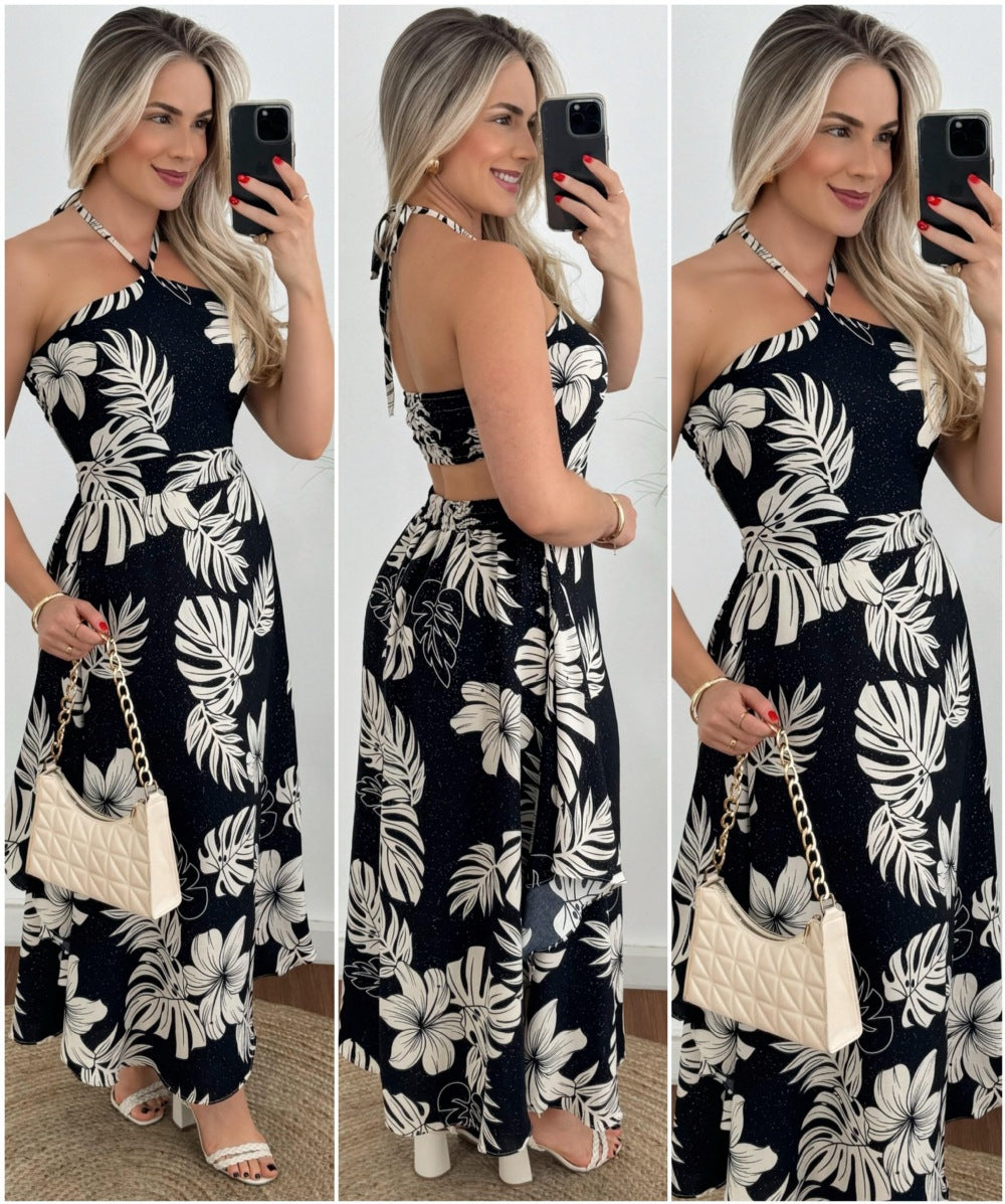 Southeast Asia Vacation Personalized Digital Printing Halter Tube Top Thin Strap Dress