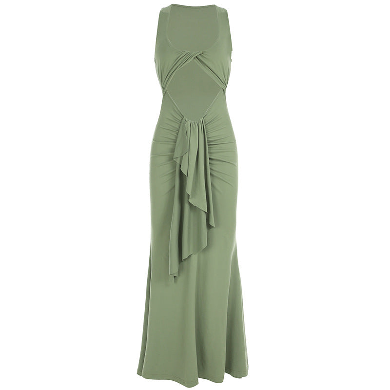Twisted Hollow Out Cutout out Dress Pleated Lace up Halter Sleeveless Fishtail Dress