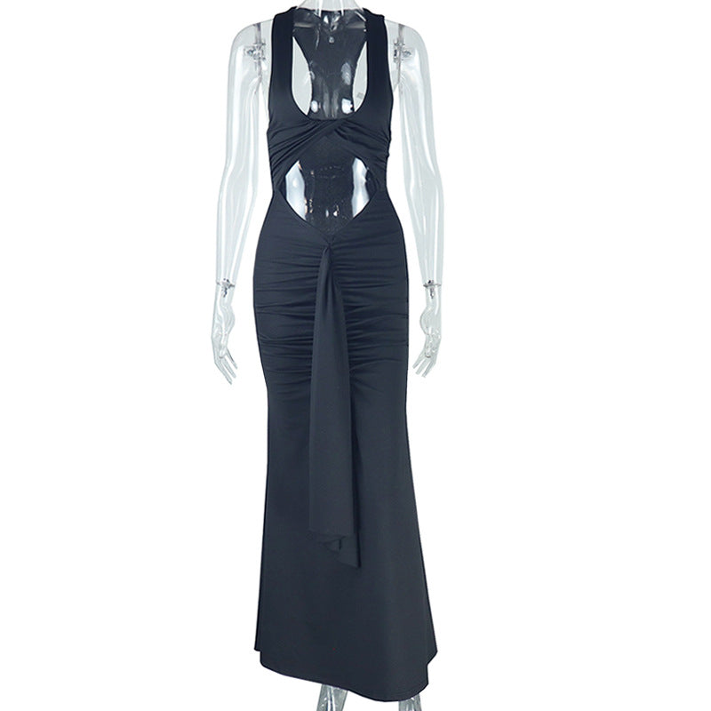 Solid Color Pleated Tight Dress Cutout Cropped Halter U Collar Length Dress