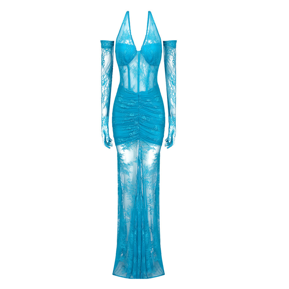 Black Blue Lace Halter Gloves Semi-Transparent Dress