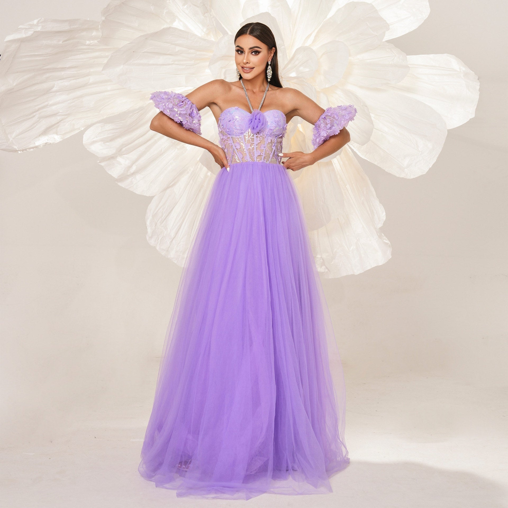 High End Halter Long Cocktail Mesh Large Swing Evening Dress Bridesmaid
