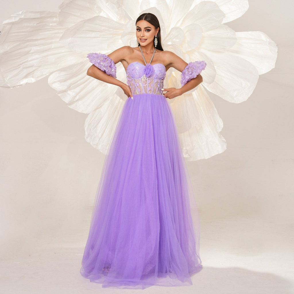 High End Halter Long Cocktail Mesh Large Swing Evening Dress Bridesmaid