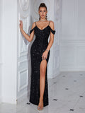Evening Dress Halter Split Beaded Dress Sequined Party Sling Dress Wine