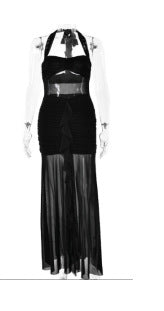Solid Color Dress Halter Sleeveless Lace up Backless Dress Trendy