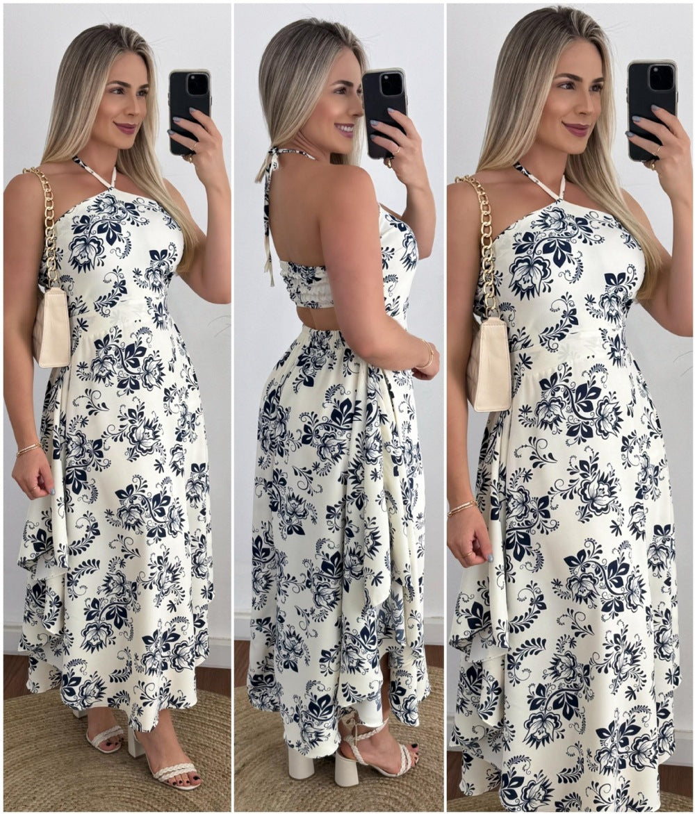 Southeast Asia Vacation Personalized Digital Printing Halter Tube Top Thin Strap Dress