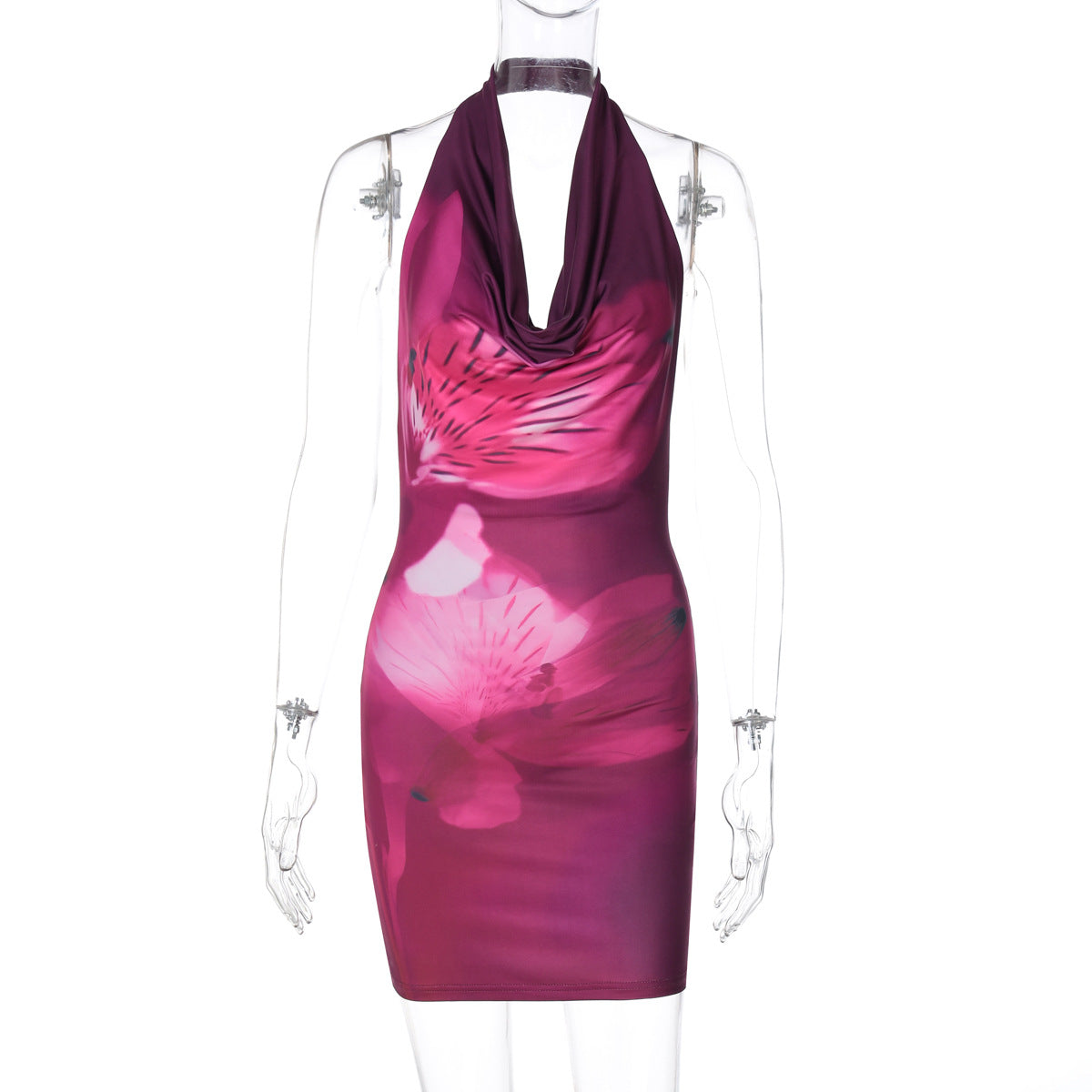 Backless Printed Hip Halter Swing Collar High Waist Slim Fit Dress