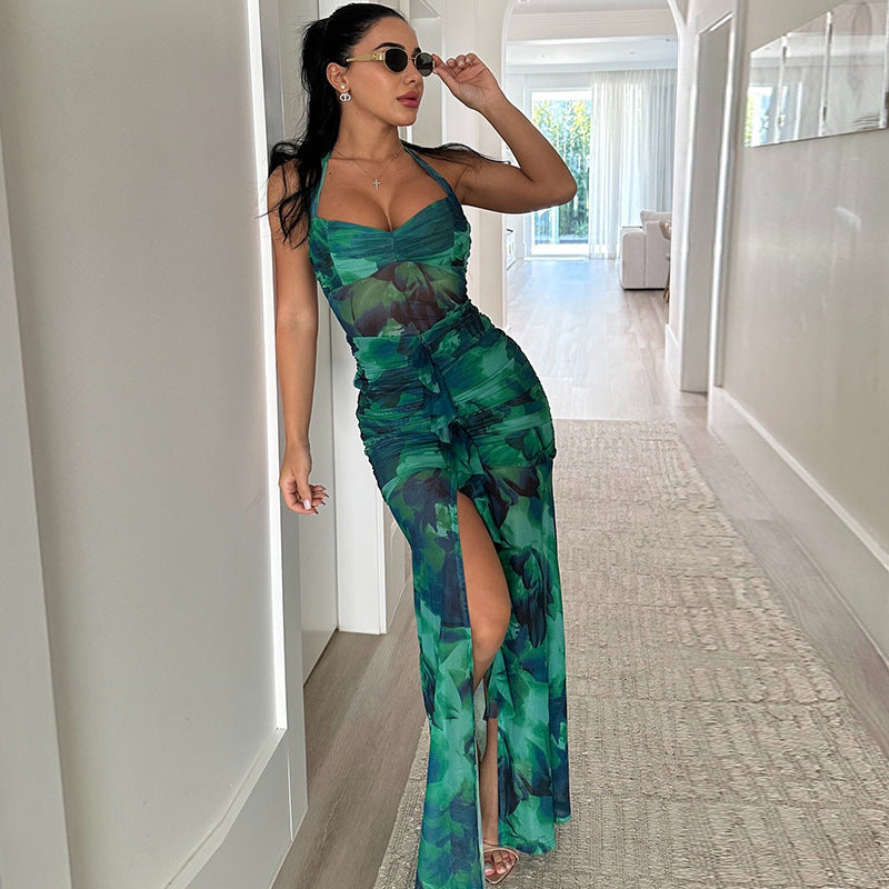 Printing Dress Sleeveless Halter Backless Slit Casual Dress