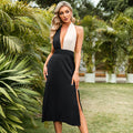 Lace-up Halterneck Backless Contrast-Color Cinched Sleeveless Dress