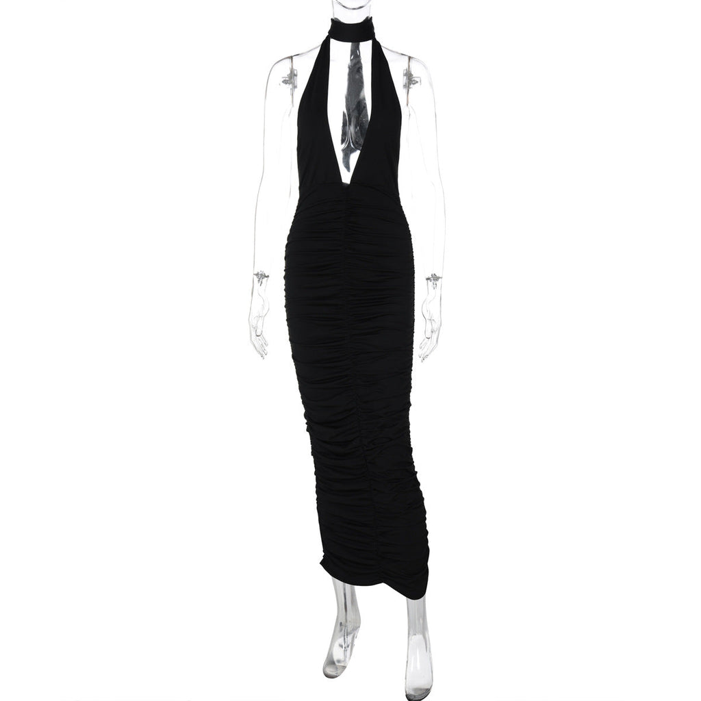 Solid Color Deep V Plunge neck Halter Backless Slim Fit Dress