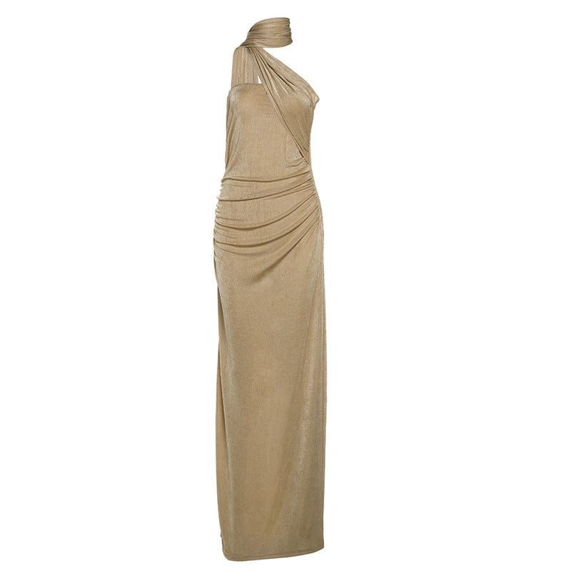Slim Fit Backless Tube Top Ribbon Halter Pleated Solid Color Maxi Dress Evening Dress