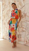 VacationPrinted Halter Sleeveless Waist Tight Dress
