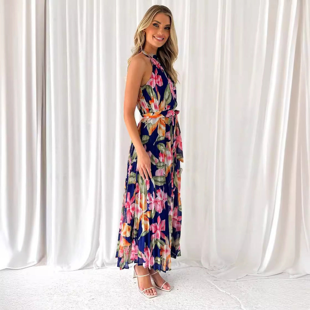 Large Swing Dress Vacation Sleeveless Lace Printing Halter