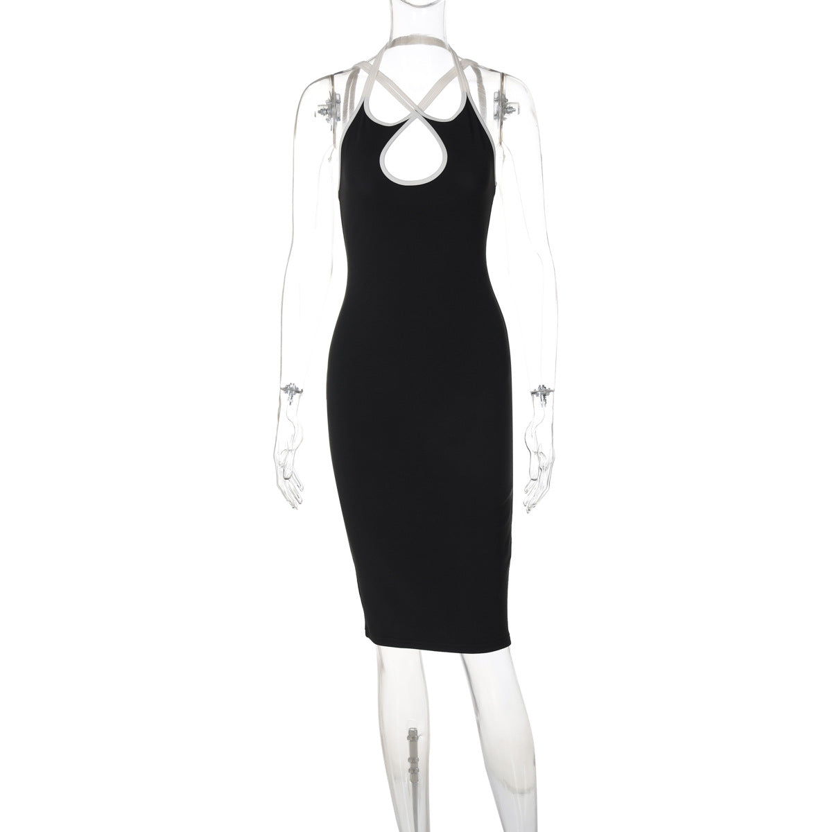 Contrast Color Hollow Out Cutout Slim Fit Dress Halter Backless Lace up Hip